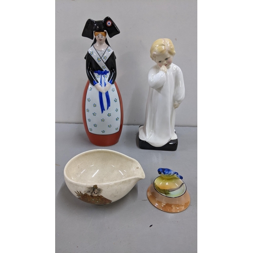 600 - A Royal Doulton Darling HN1219. Villeroy & Boch, flask, a Japanese satsuma pouring bowl and a Norita... 