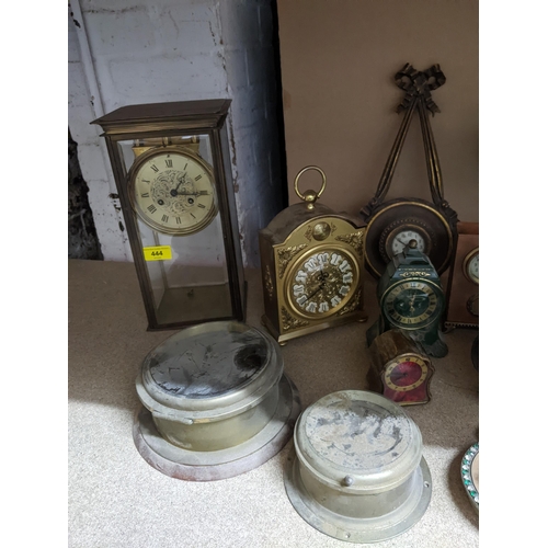 444 - A selection of clocks, clock cases and parts for spares or repairs to include a gilt metal French ma... 