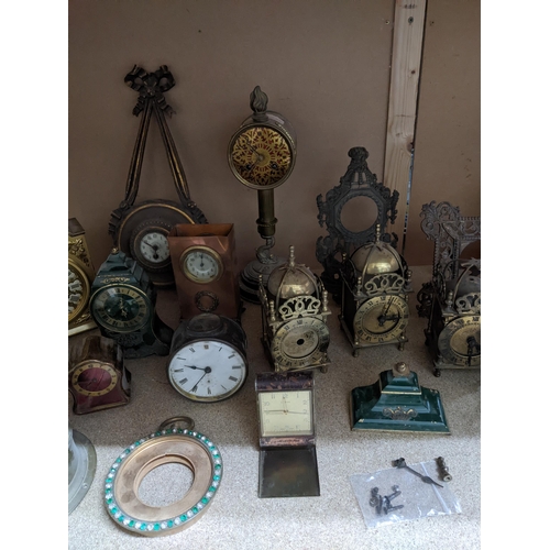 444 - A selection of clocks, clock cases and parts for spares or repairs to include a gilt metal French ma... 