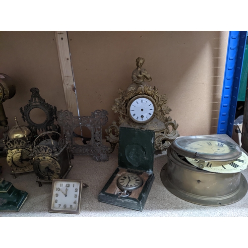 444 - A selection of clocks, clock cases and parts for spares or repairs to include a gilt metal French ma... 