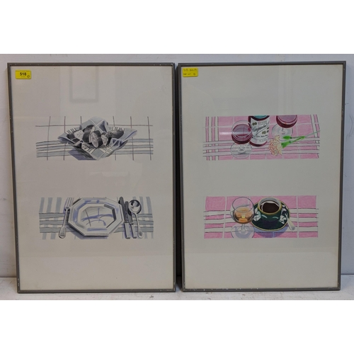 518 - Still life scenes, a pair of diptych pictures depicting a coffee cup and wine, the other showing sli... 