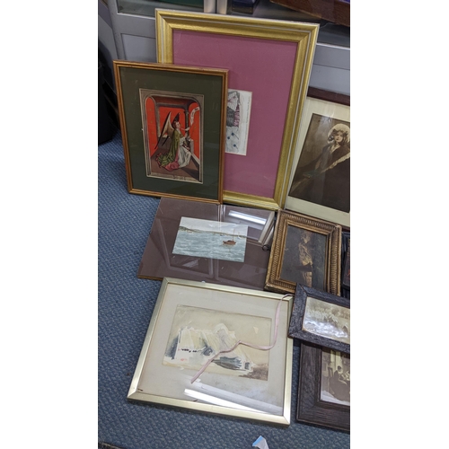 586 - Mixed pictures to include a watercolour depicting a lady with a stick, various prints, reproduction ... 