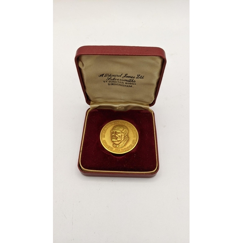 A cased 22ct gold Sir Winston Churchill commemorative medal, no 1186, by Edward Jones Ltd, to celebrate the life of Rt. Hon. Sir Winston Churchill, KG, OM, CH, MP, 1874-1965, in a fitted red case, with certificate, 34g
Location: CAB4