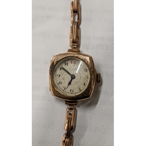 113 - An early 20th century Rotary 9ct gold manual wind wristwatch on a yellow metal expanding bracelet 19... 