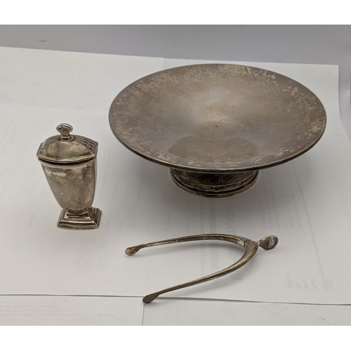 132 - A sterling silver pedestal dish along with a silver pepper pot and sugar tongs
Location: