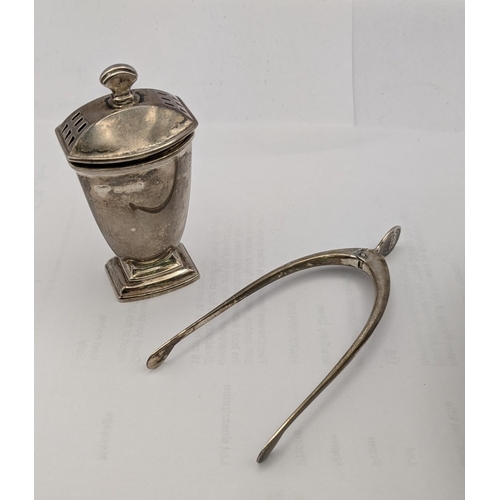 132 - A sterling silver pedestal dish along with a silver pepper pot and sugar tongs
Location: