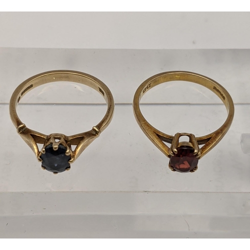 139 - Two 9ct gold rings one set with a blue sapphire and the other a red garnet, total weight 4.5g
Locati... 