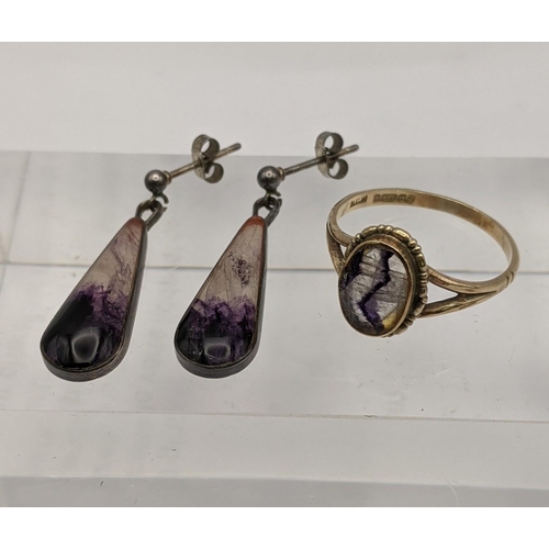 144 - A 9ct gold ring set with blue John 1.8g and two silver earrings
Location: CAB5