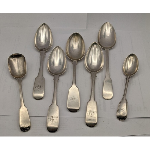 148 - Five silver 19th century fiddle pattern dessert spoons, a sugar spoon and an Exeter teaspoon, total ... 