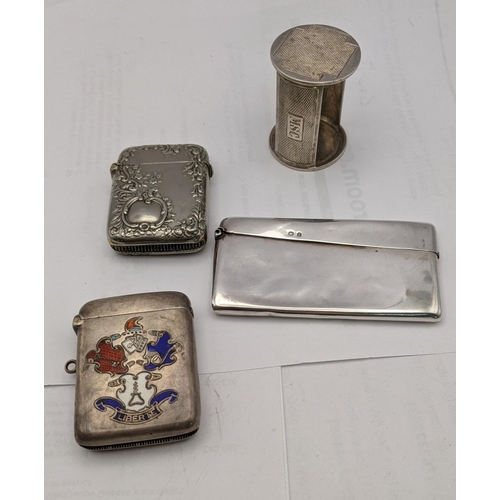 158 - Silver to include an enamelled vesta engraved Liberte, silver coloured vesta, a napkin ring and a ca... 