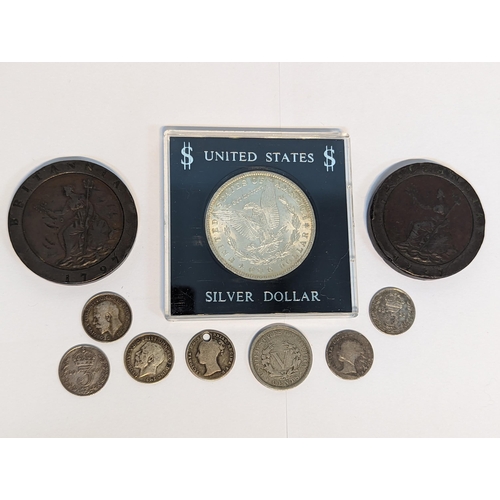 400 - Mixed coins - USA 1885 'Morgan' dollar, 1905 five cents, along with British George III 1797 cartwhee... 