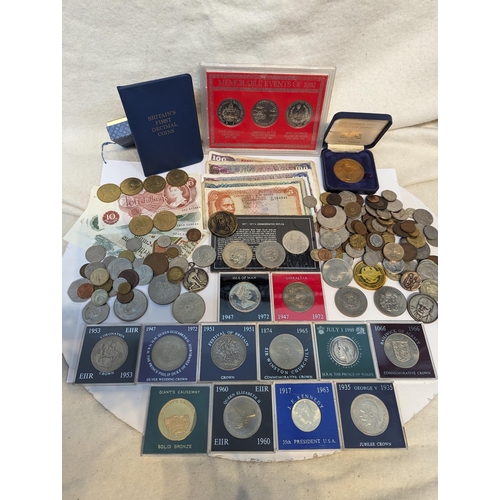 402 - Mixed coins - British and World coins and banknotes to include commemorative crowns, 1976 Concorde e... 