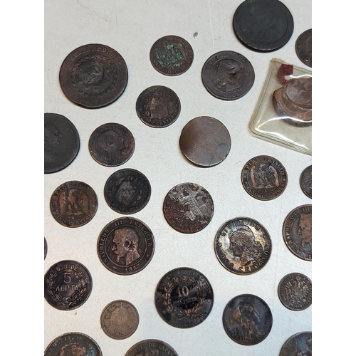 413 - Mixed coins - mostly 19th century world coinage to include 1889 Sarawak one-cent, 1893 Argentina two... 