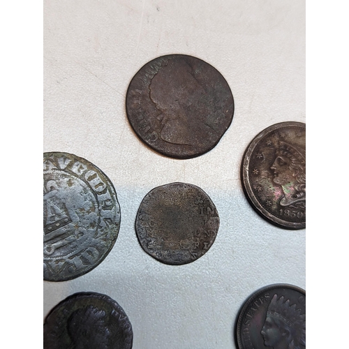 414 - A small group of mixed coins of interest to include USA 1850 half-cent and 1891 one-cent, Edward VII... 