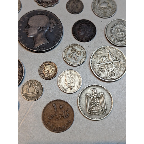 418 - Mixed coins - a Victoria 1845 Crown, 1935 German 5-Mark, Victorian Two Annas cufflinks, 1937 Netherl... 