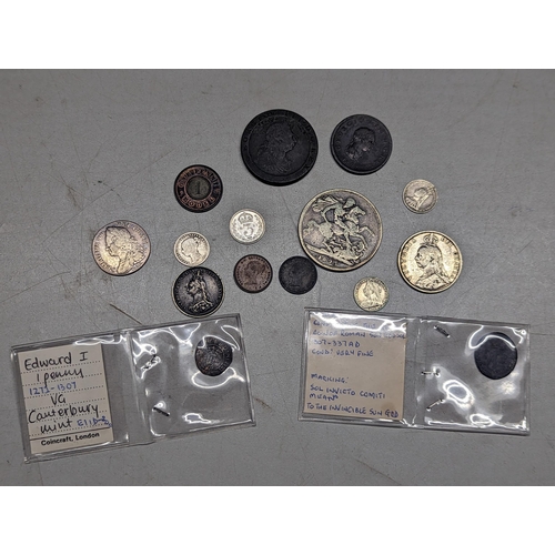 490 - Mixed coins of interest to include a possibly uncirculated 1887 threepence, George II 1745 shilling,... 