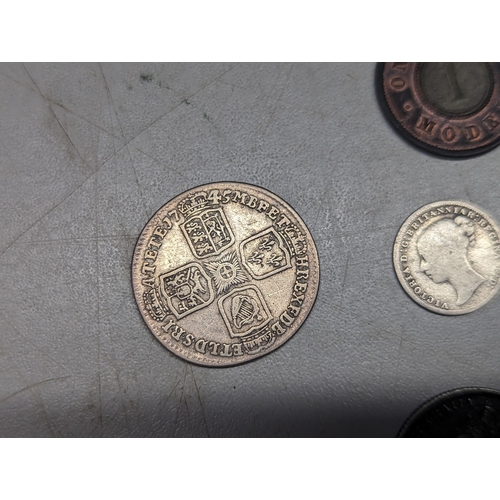 490 - Mixed coins of interest to include a possibly uncirculated 1887 threepence, George II 1745 shilling,... 