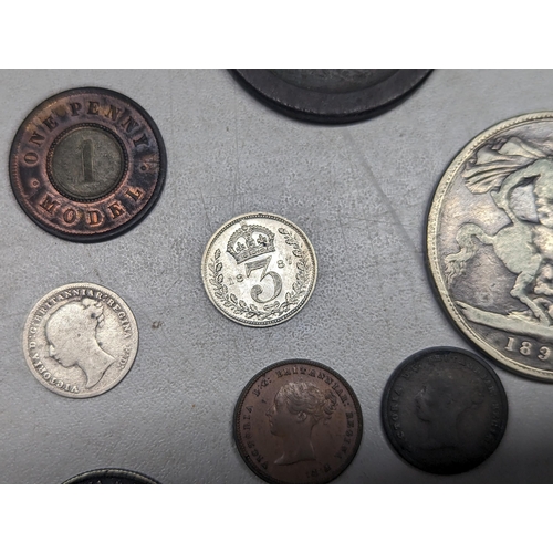 490 - Mixed coins of interest to include a possibly uncirculated 1887 threepence, George II 1745 shilling,... 