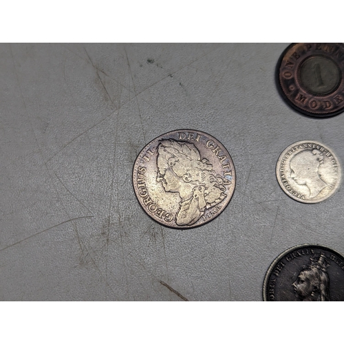 490 - Mixed coins of interest to include a possibly uncirculated 1887 threepence, George II 1745 shilling,... 