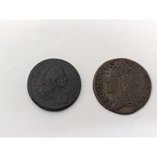 58 - Kingdom of England - a William and Mary undated 'Model Farthing', along with a James II 'Gun Money' ... 