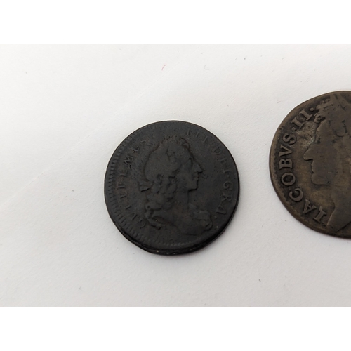 58 - Kingdom of England - a William and Mary undated 'Model Farthing', along with a James II 'Gun Money' ... 