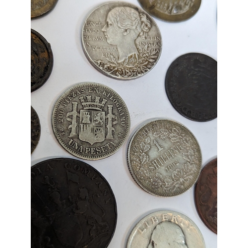 64 - Mixed coins - Mexico 1779 2 Reales, Spain 1870 1 Peseta, Ducy of Savoy 1794 20 Soldi, France 1868 1 ... 