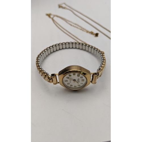 92 - A 9ct gold necklace with one other A/F 3.3g, together with a 9ct gold faced ladies manual wind wrist... 