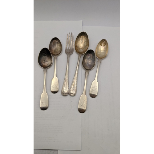 98 - Silver cutlery to include three fiddle pattern teaspoons, one other and a fork, total weight 145g
Lo... 