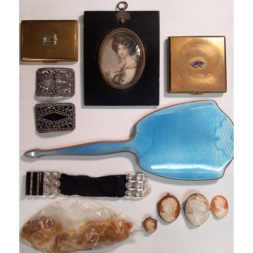 68 - A mixed lot comprising a 1920's blue enamelled hand mirror,  a 19th Century miniature print reputedl... 