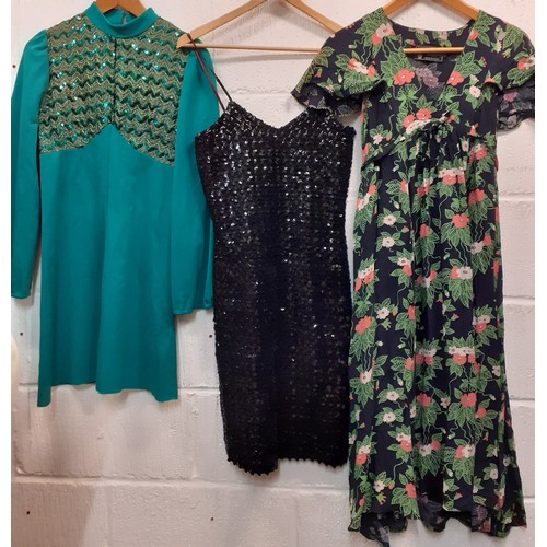 72 - A quantity of 1970's ladies clothing to include a Radley green floral Summer dress 34