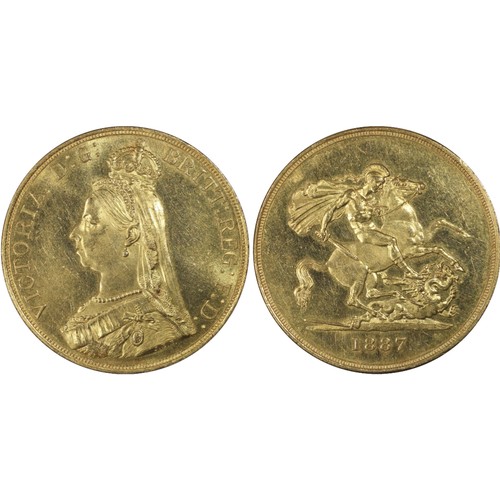 United Kingdom - Victoria (1837-1901) Five Sovereigns/Five pounds, dated 1887, Jubilee Year, crowned and veiled bust (Jubilee Head) of Queen Victoria, left, ./., St George slaying the Dragon, right, PCGS MS62 ref 31318257, in secure hard plastic holder Location:  CAB16