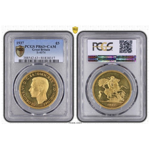 United Kingdom - George VI (1937-1952) Five Sovereigns/Five Pounds, dated 1937, Coronation Year, Uncrowned Portrait of King George VI, left, ./., St George slaying the dragon, right, PCGS PR63+CAM ref 81838317, in secure hard plastic holder Location: CAB16