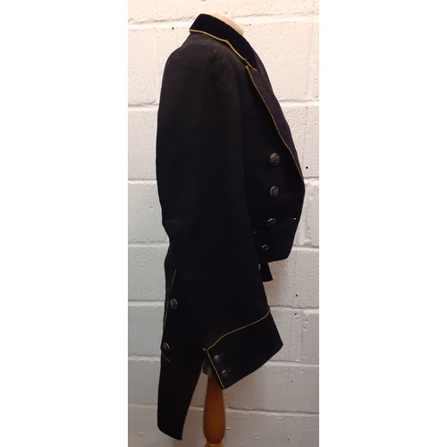 86 - A late 19th/early 20th Century navy velvet collared court black tailcoat with gold piping and Firkin... 