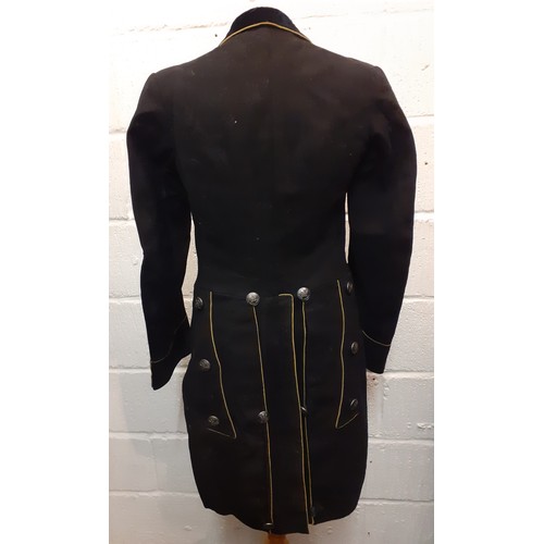 86 - A late 19th/early 20th Century navy velvet collared court black tailcoat with gold piping and Firkin... 