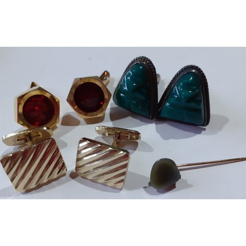 96 - A group of late 20th Century gold tone cufflinks, a pair of Mexican silver and green stone cufflinks... 