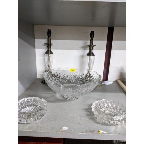 189 - A large Waterford cut glass fruit bowl with scalloped rim edge, two cut and metal mounted contempora... 