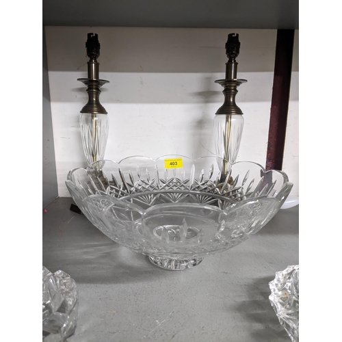 189 - A large Waterford cut glass fruit bowl with scalloped rim edge, two cut and metal mounted contempora... 