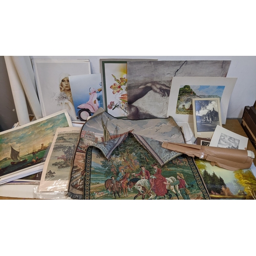 65 - A large collection of prints and posters, along with machine made tapestries, oil painting and orien... 