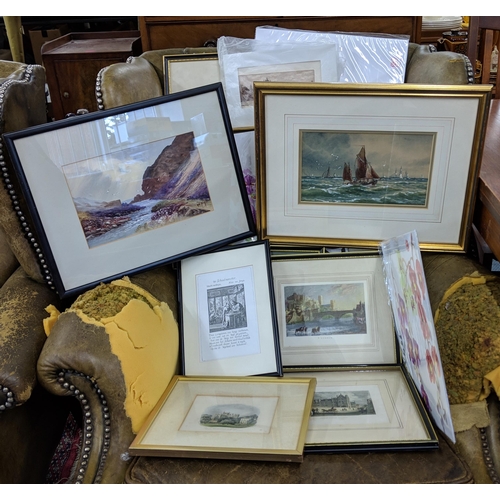 157 - A mixed lot of pictures to include a watercolour seascape, a print of Durham, a Sidney college and o... 