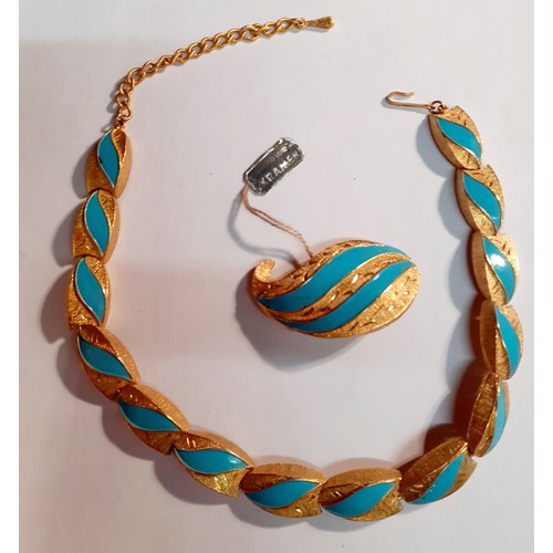 106 - A vintage Kramer gold tone and turquoise enamelled necklace and matching boteh shaped brooch. Locati... 