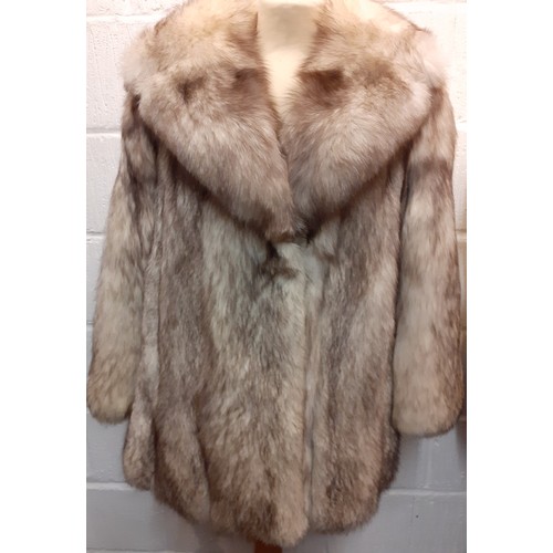 111 - A late 20th Century arctic fox fur coat with brown shades having a shawl collar, grey satin lining a... 