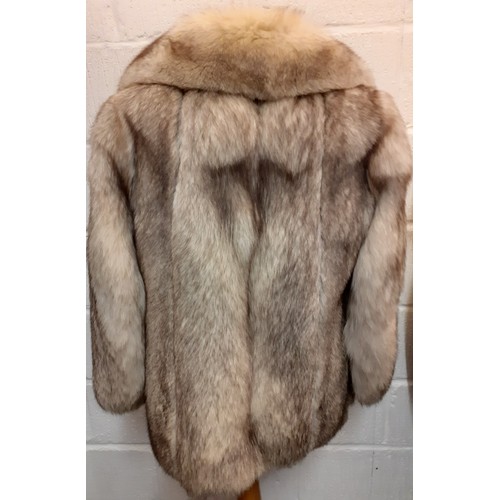 111 - A late 20th Century arctic fox fur coat with brown shades having a shawl collar, grey satin lining a... 