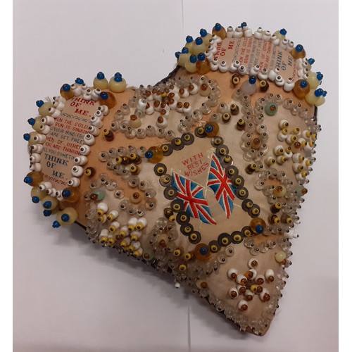 114 - A WW1 sweetheart beadwork pin cushion in the form of a heart having Union Jack flag detail, 8