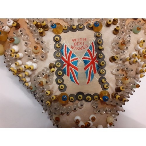 114 - A WW1 sweetheart beadwork pin cushion in the form of a heart having Union Jack flag detail, 8