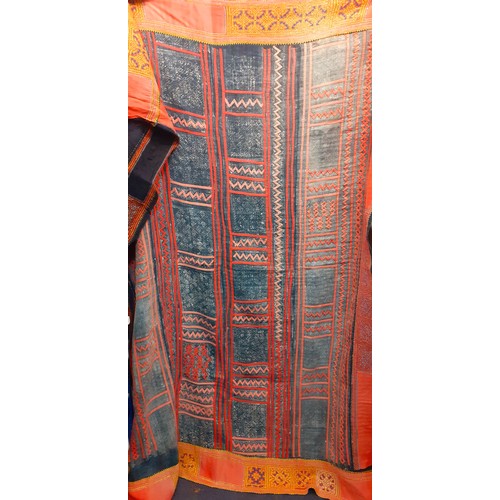 118 - A hand woven tribal blanket/throw/wall covering having sections of yellow, blue, pink and orange pat... 