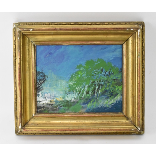 161 - A mid century painting depicting a pagoda in a naturalistic setting, oil on panel, artist signature ... 