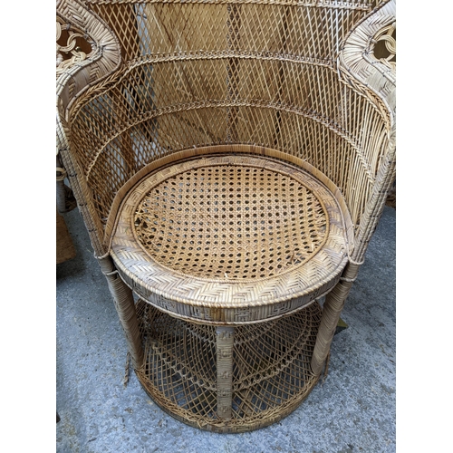 278 - A mid-century wickerwork peacock chair with a woven cane seat A/F with loose cushion Location:G