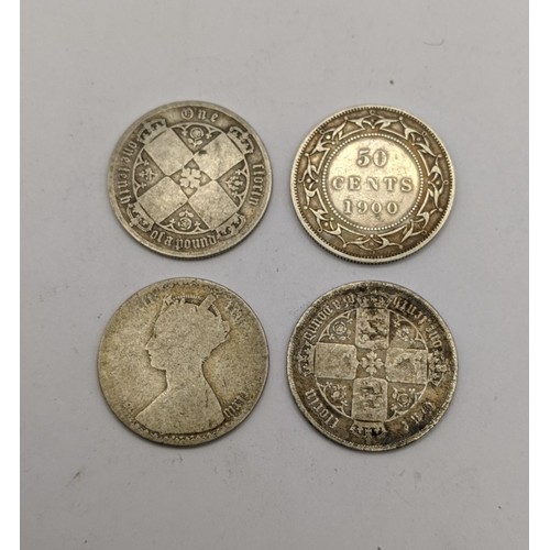 335 - Mixed Coins - A group of three Victorian 'Gothic' type Florins, along with a dated 1900 Newfoundland... 