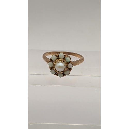 339 - A 9ct gold opal and pearl cluster ring, 3.2g, Location: CAB5