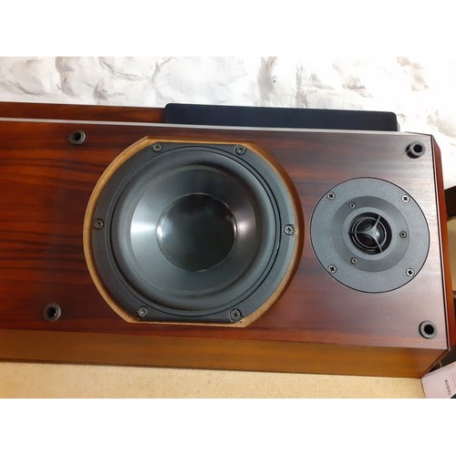 198 - A pair of MT speakers having a rosewood veneer case on a marble effect base above 3 metal feet, 33